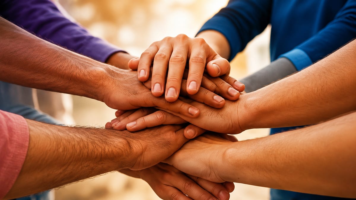 Molte mani unite al centro, simbolo di collaborazione e volontariato